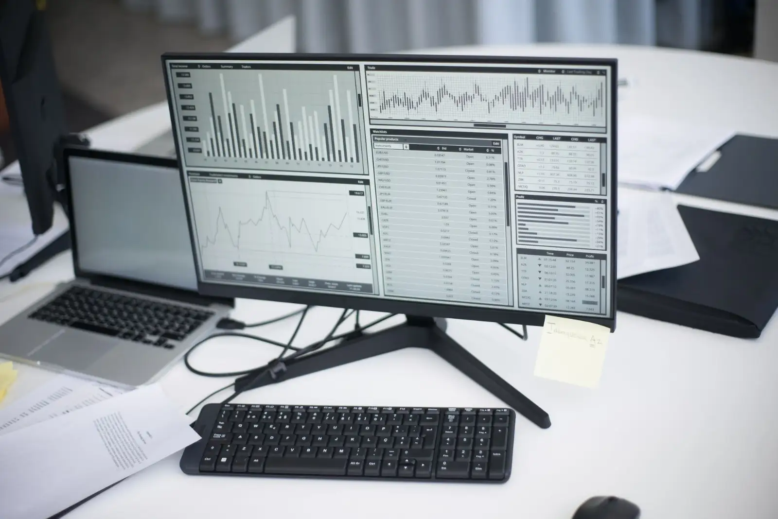 Paid search analytics charts on a desktop monitor and laptop